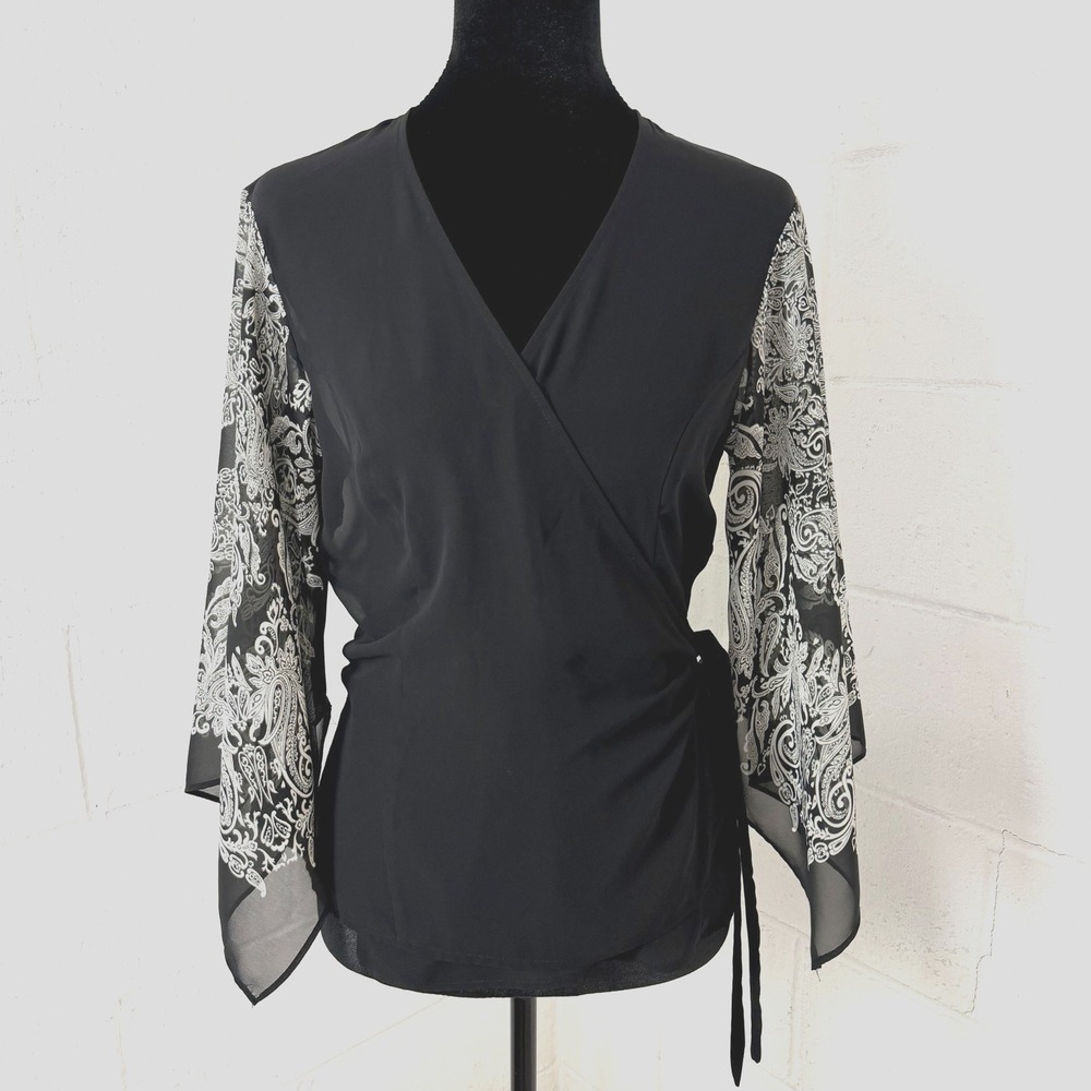 NY & Co Chiffon Wrap Top Black Sheer Asymmetric Sleeves Whimsigoth Dark Fairy S - Picture 1 of 14